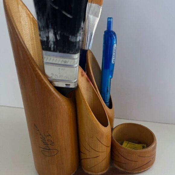 Vintage Bamboo Pen / Pencil Holder / Desk Set / Organizer - Picture 5 of 10